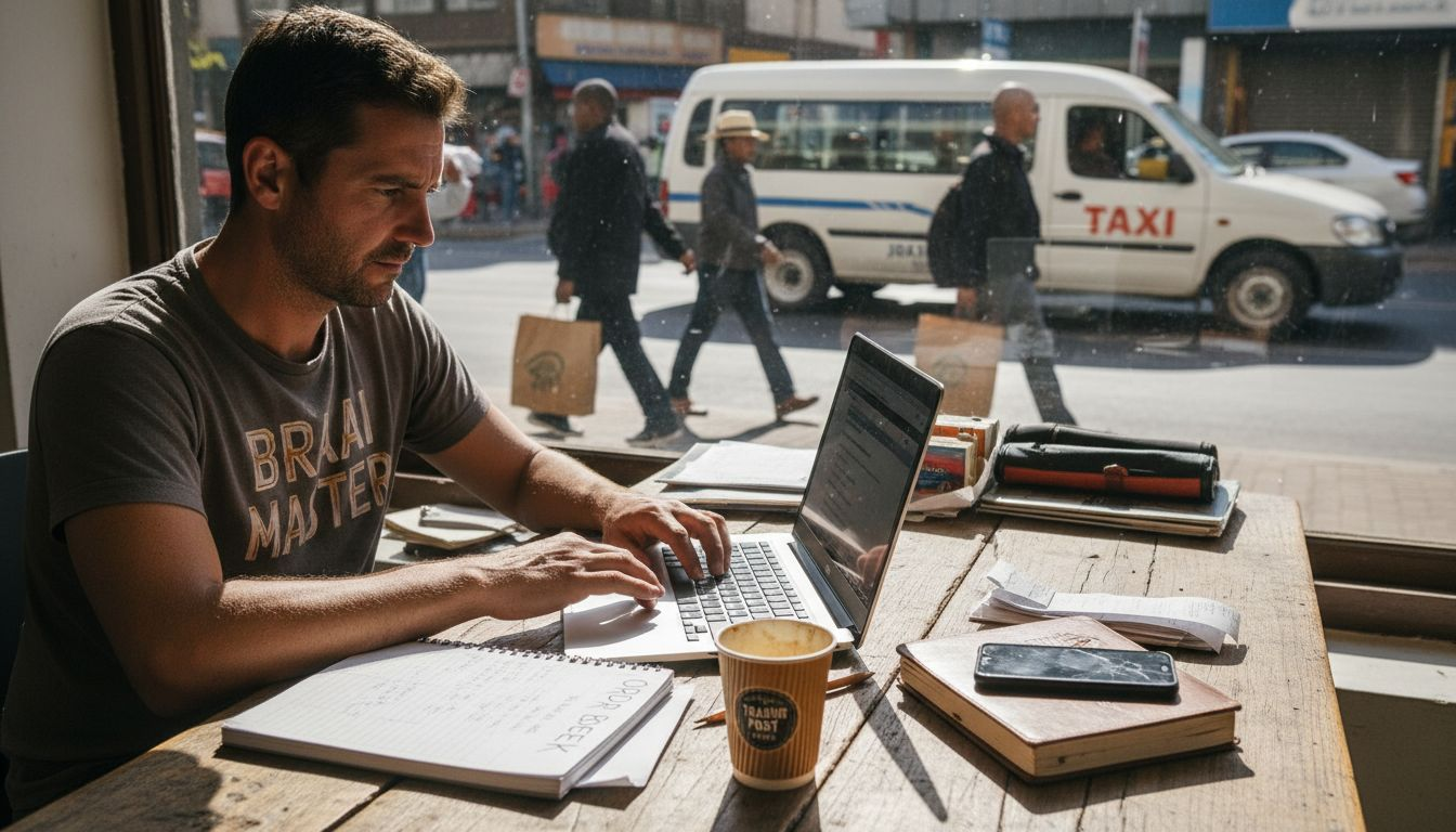 South African SME owner working on SEO at shop desk
