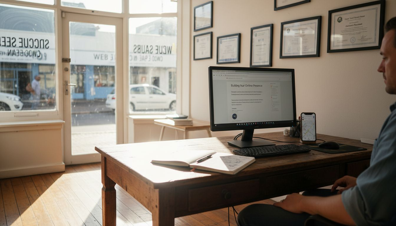 Local business owner updating website in office