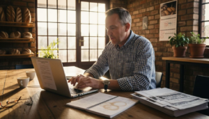 Business owner writing press release in bakery