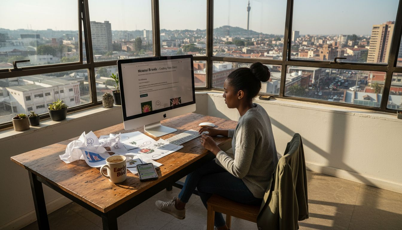 Business owner updating website in city office