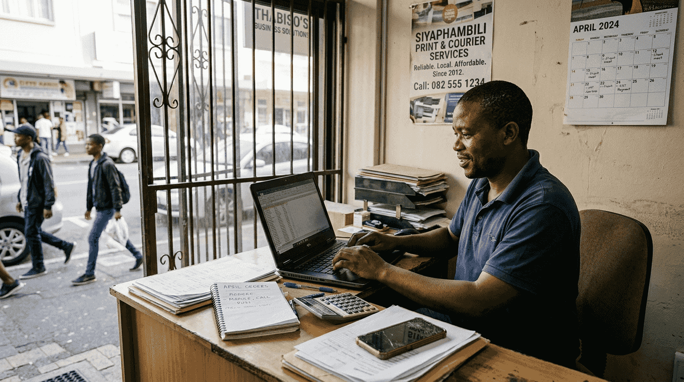 South African small business owner at front desk