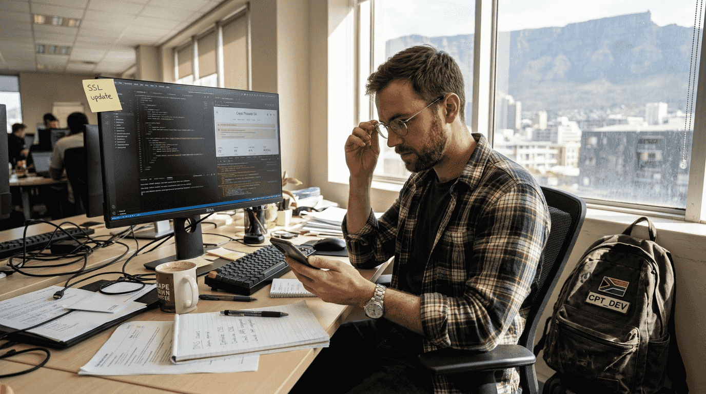 Web developer optimizing site in Cape Town office