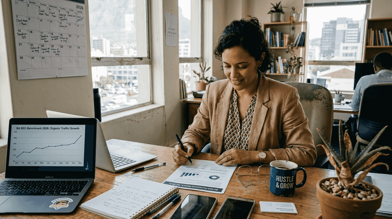 Small business owner tracking SEO in office