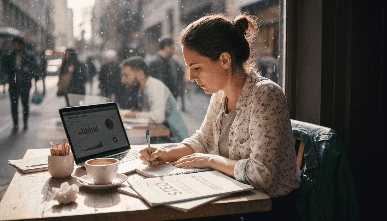 Small business owner reviewing SEO strategy