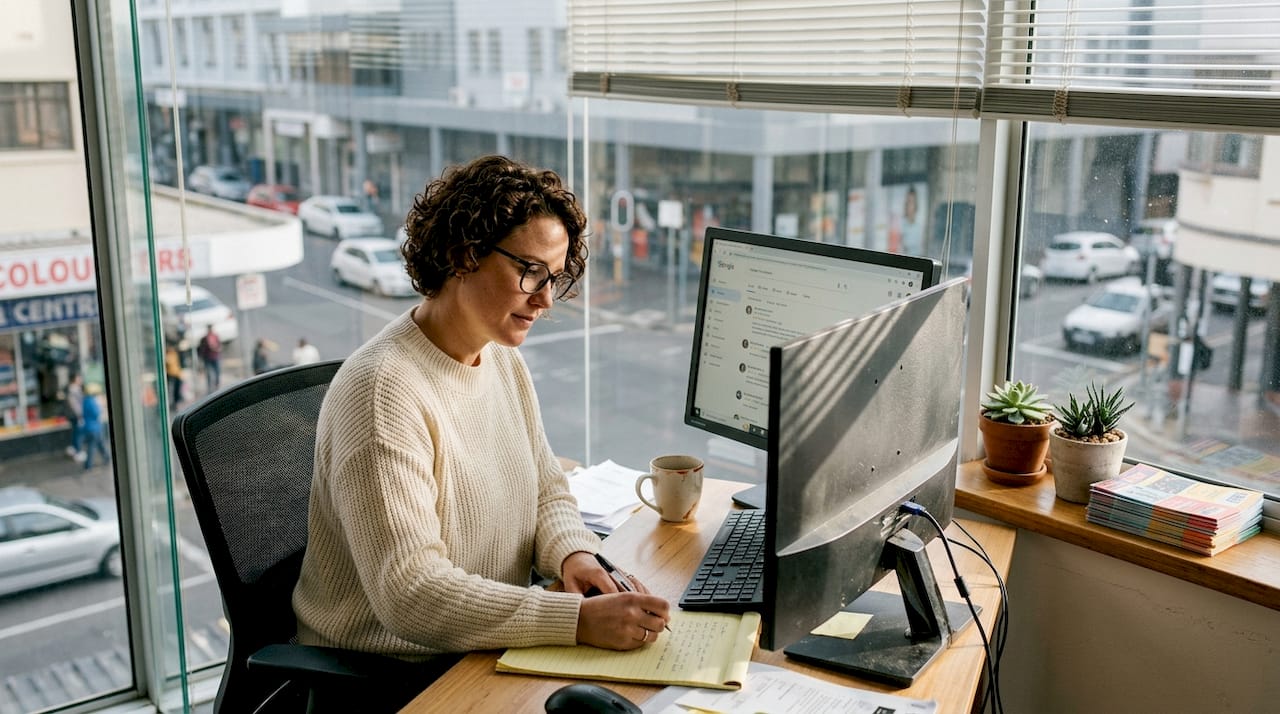 Office worker reading customer reviews online