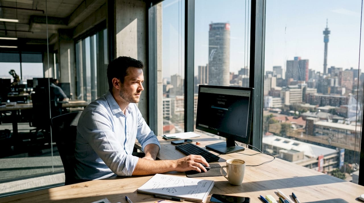 Man checking website speed in corner office