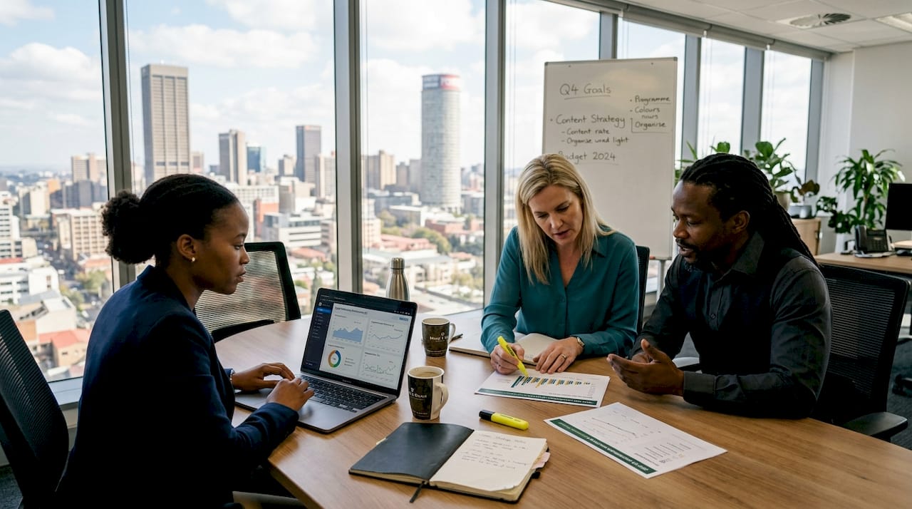 Corporate team reviewing reports in South African office