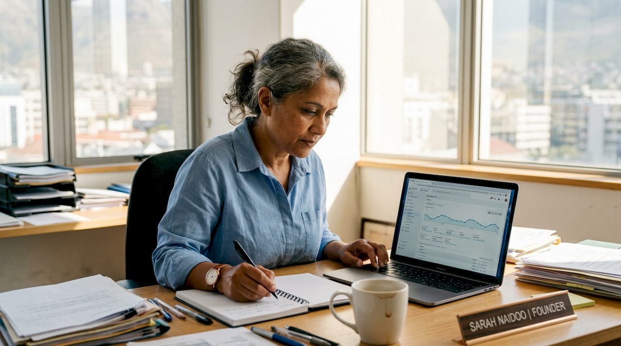 Business owner tracking SEO leads at desk