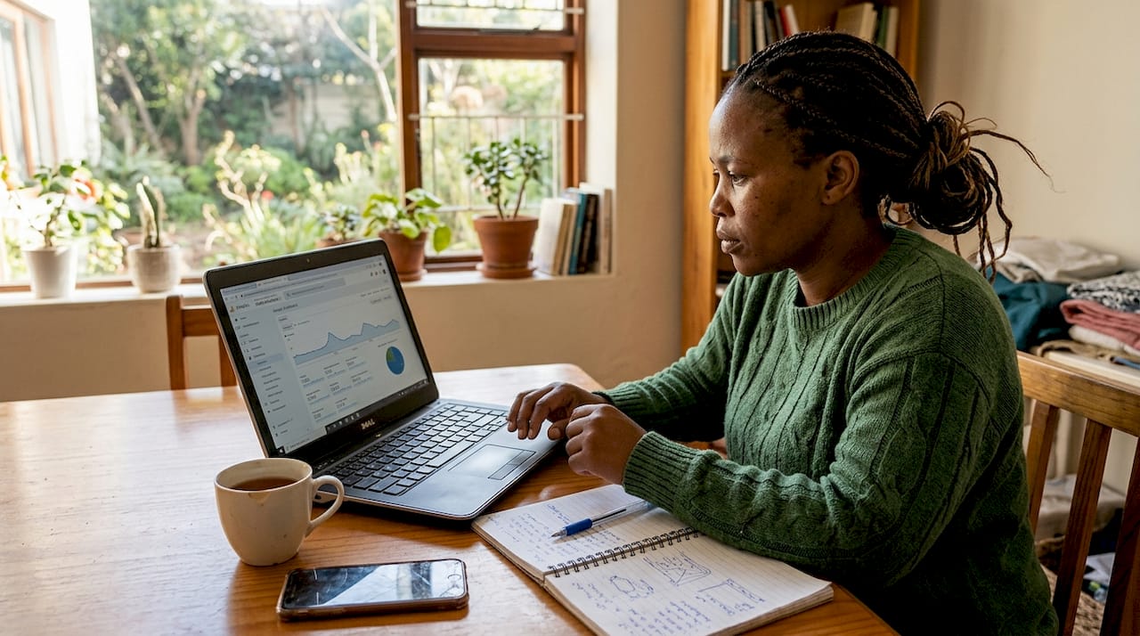 South African business owner checking website analytics