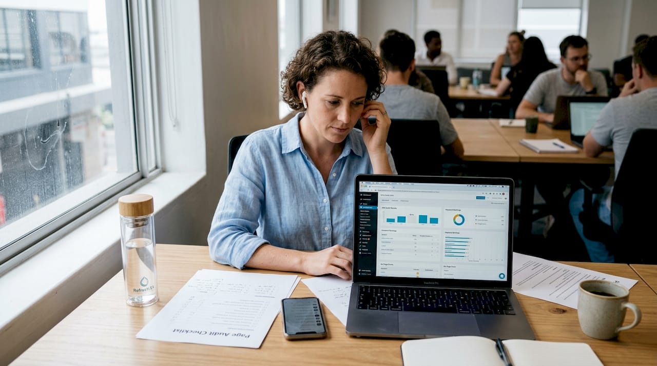 Professional woman reviewing website audit in office