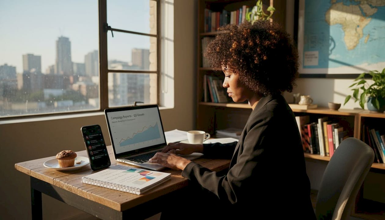 South African SME owner reviewing digital metrics