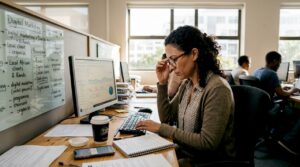 Small business owner reviewing website analytics