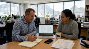 Business owner reviews SEO strategy meeting