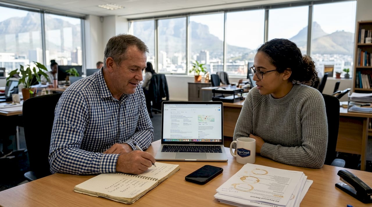 Business owner reviews SEO strategy meeting