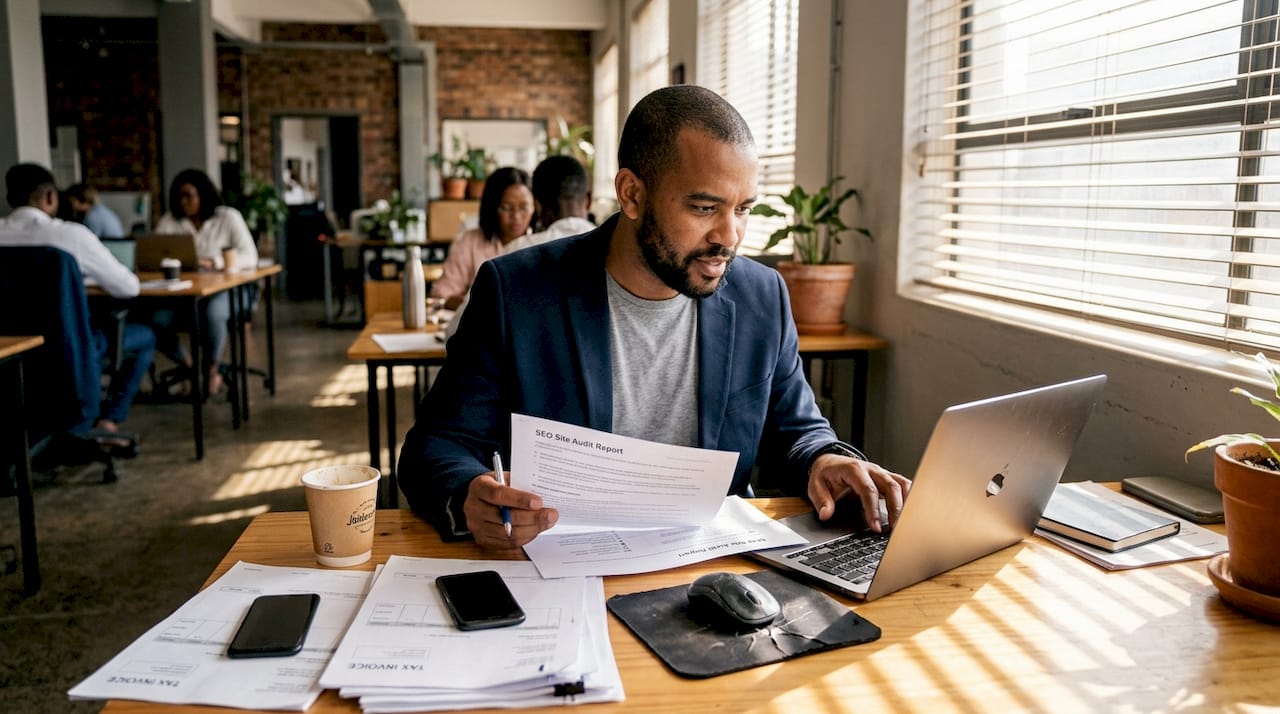 Business owner reviews SEO audit in city workspace
