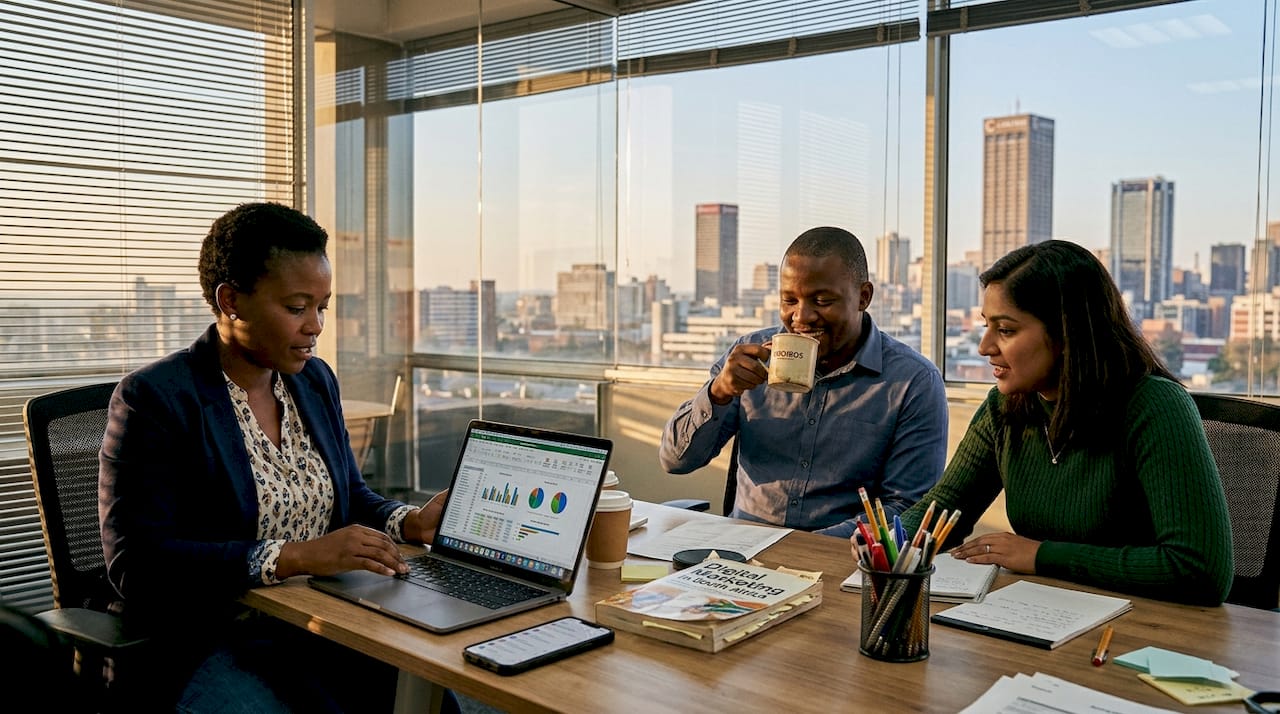 Small team collaborating on digital marketing