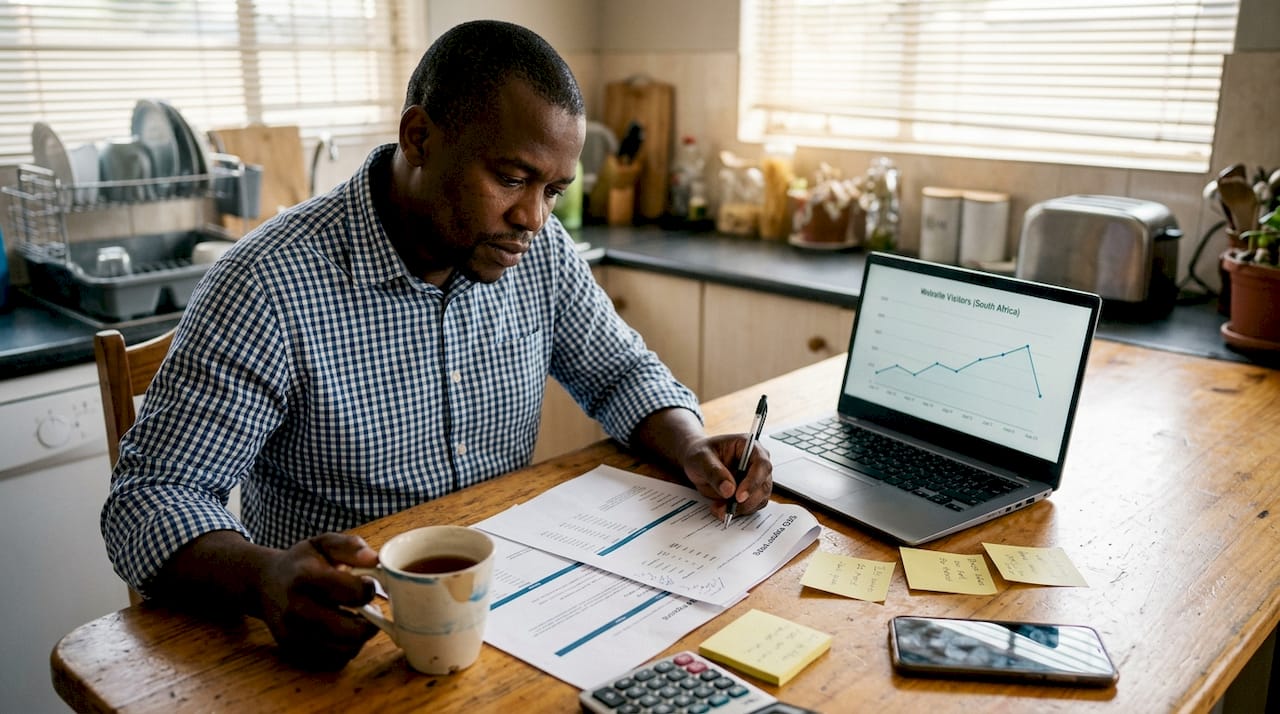 Small business owner reviewing SEO report at kitchen table