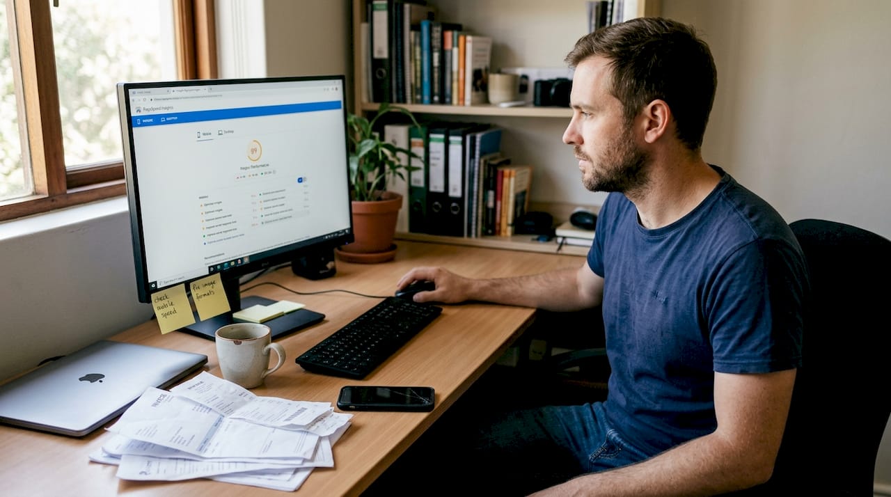 Business owner doing SEO audit at desk