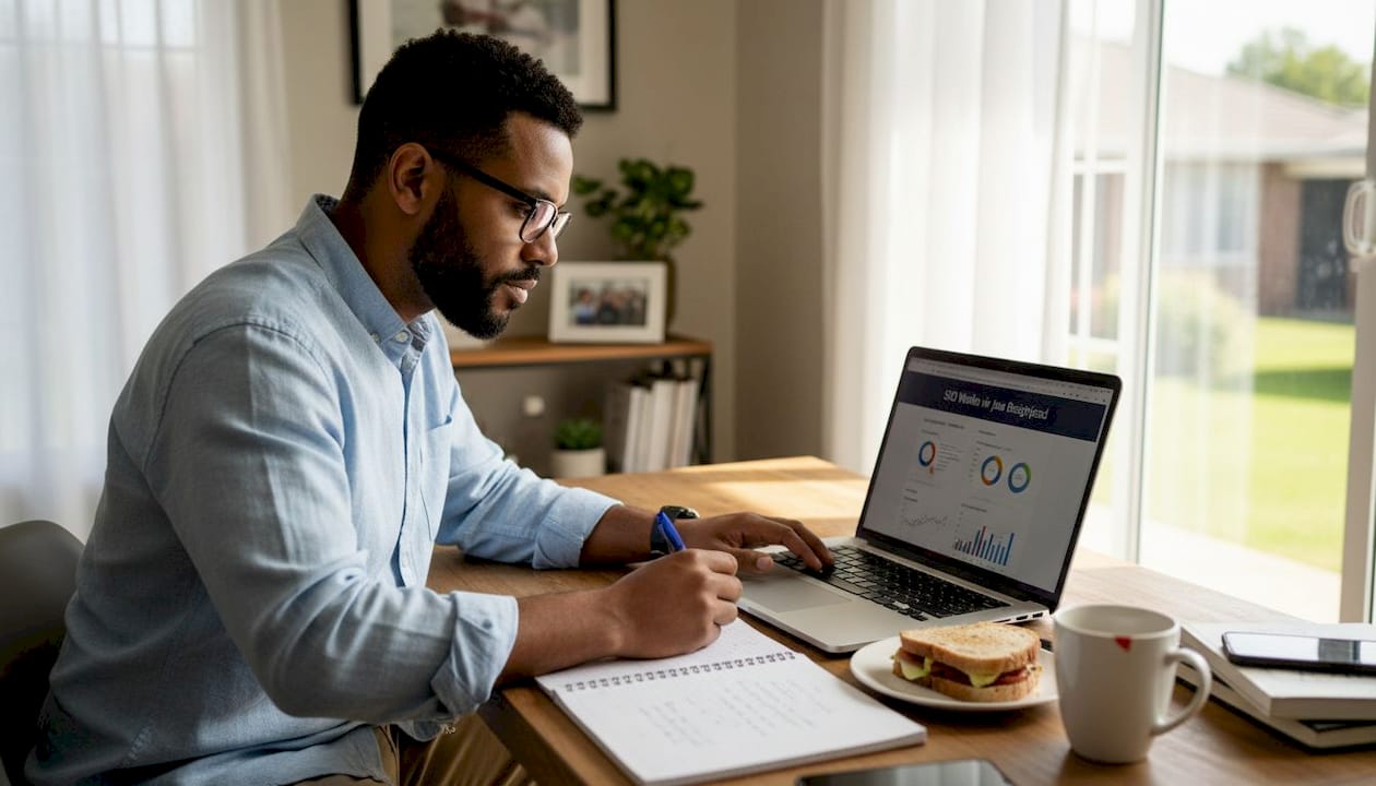 Business owner researching backlinks for SEO