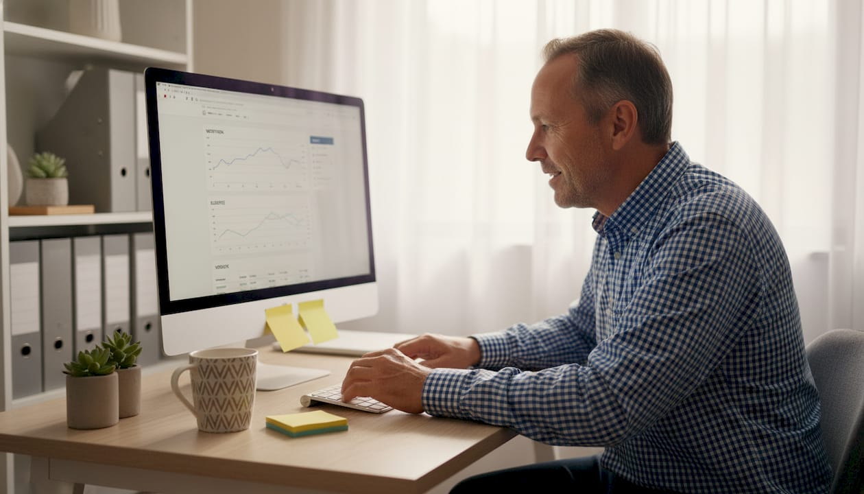Small business owner reviewing analytics at desk