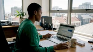 Entrepreneur checking SEO stats in office