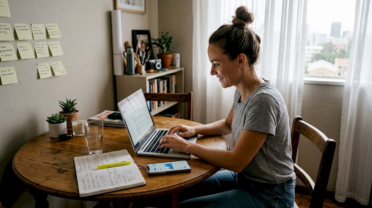 Entrepreneur planning SEO at kitchen table