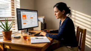 Business owner reviews PPC ad results in home office