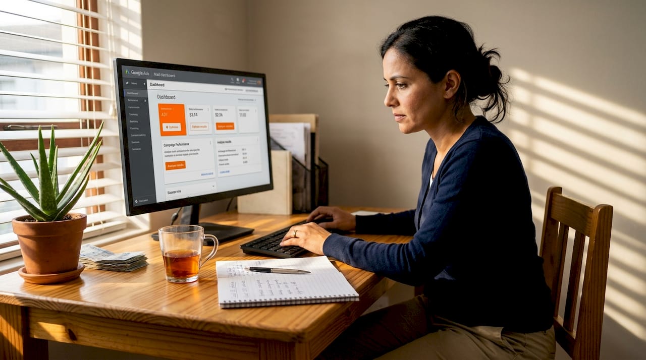 Business owner reviews PPC ad results in home office