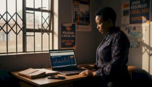 South African SME owner at digital marketing desk