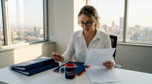 Professional reading press release at office desk