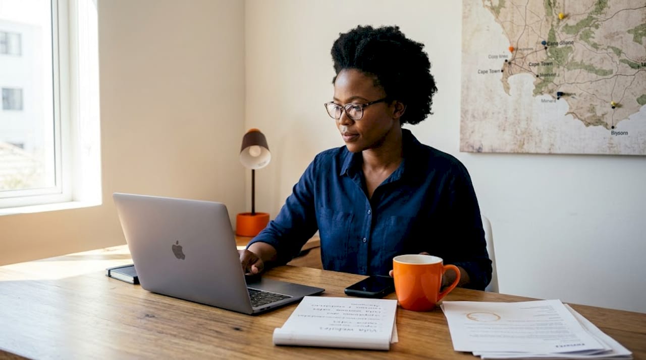 Business owner managing backlinks at home office desk
