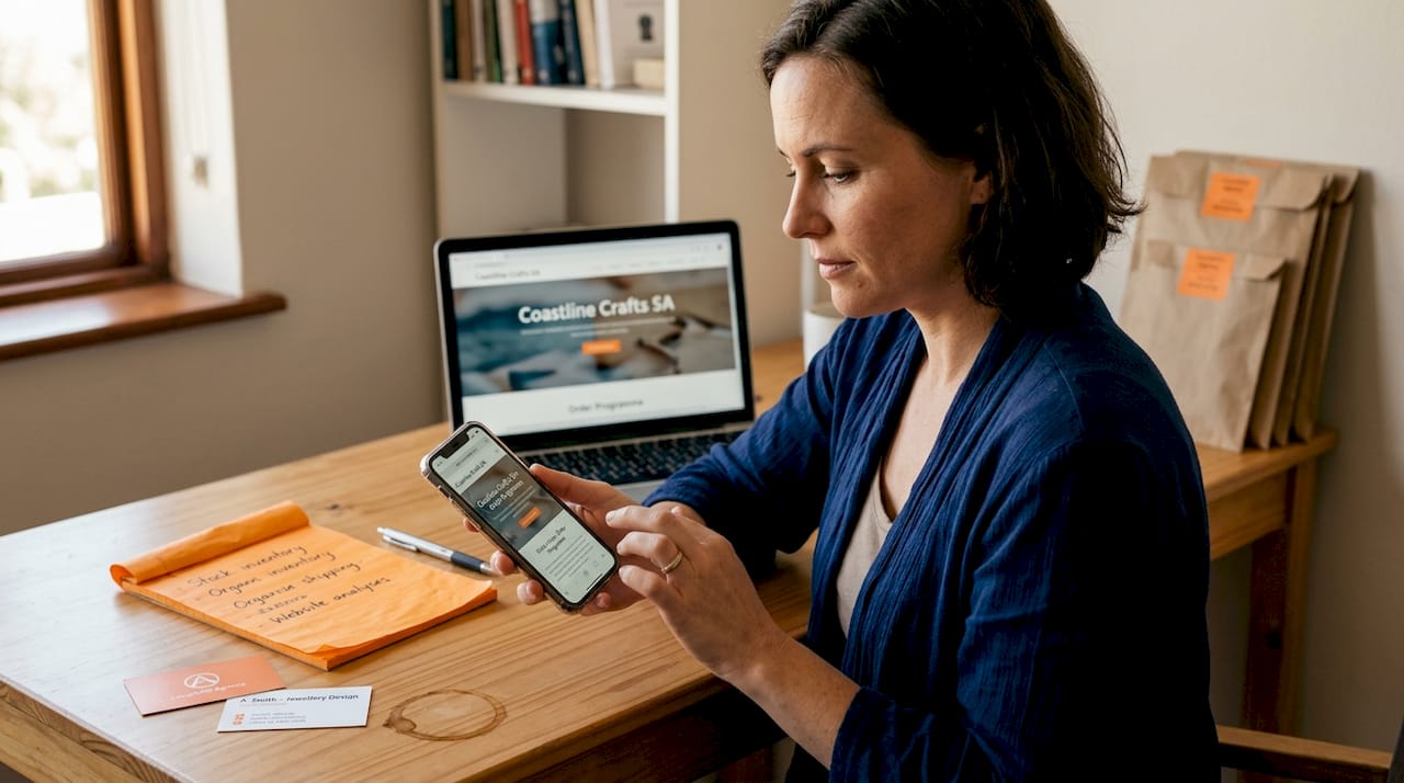 Business owner checks website on phone at desk