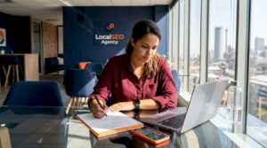 Business owner reviews digital marketing plan