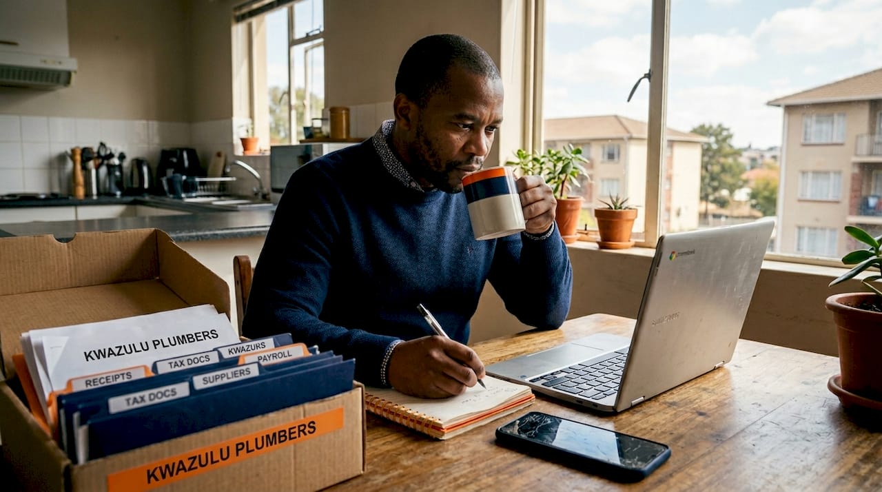 South African business owner Googling at kitchen table