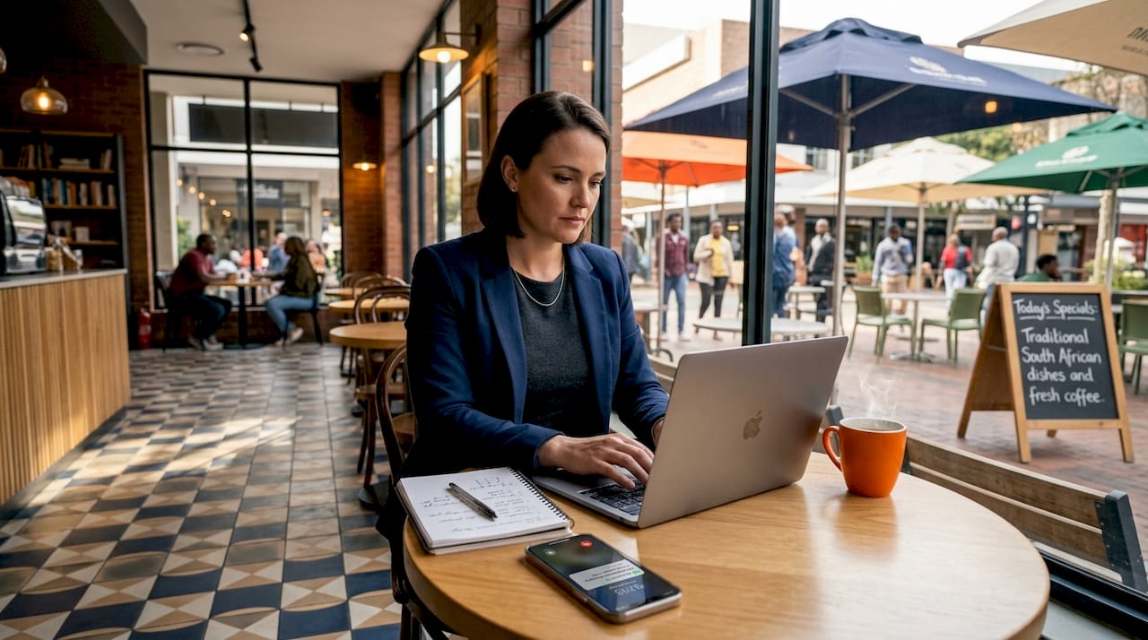Business owner working at desk in urban storefront office
